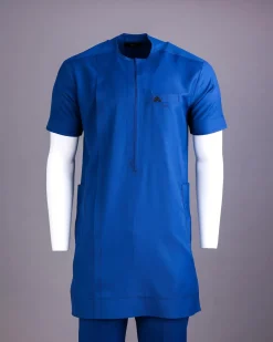 A Lapis Blue, Zipline with connected square and triangle bar-tacking details, short sleeve African senator Kaftan native.