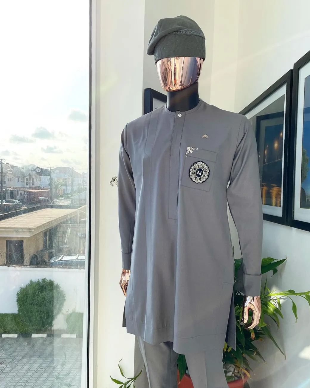 A Lava Grey, front flap, hand beaded patch design and Swarovski button details African traditional senator kaftan native.