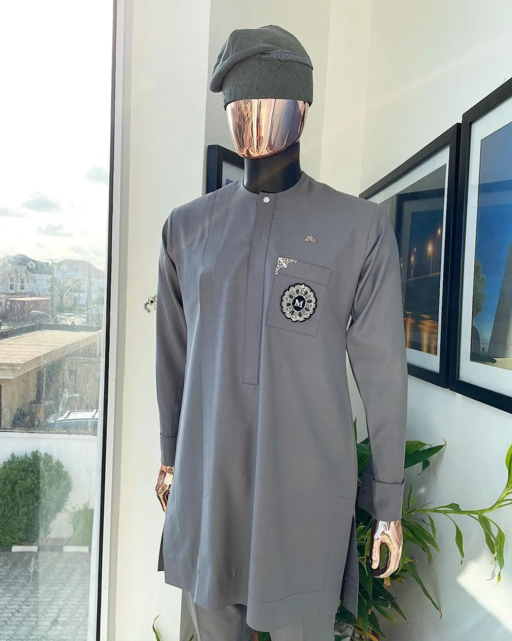 A Lava Grey, front flap, hand beaded patch design and Swarovski button details African traditional senator kaftan native.