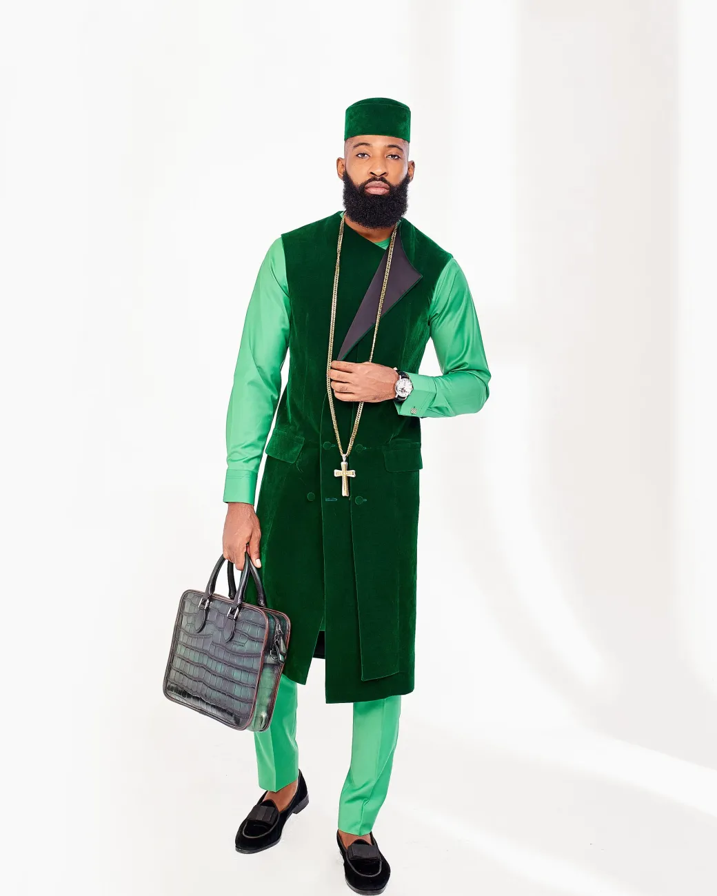 A Lemon Green African Senator Kaftan and a Long Greek Military Jacket