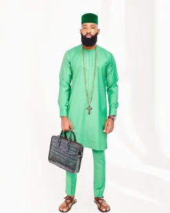 A Lemon Green African Senator Kaftan and a Long Greek Military Jacket