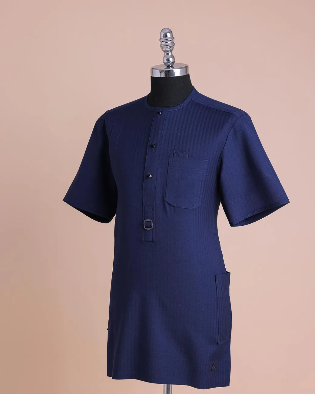 A Light Blue, Invisible Herringbone Stripe, Jorgecarli, Front Flap with Black Swarovski Button, 3/4 Sleeve African Senator Kaftan Native.