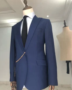 A Light Blue, Peak Lapel, One Button Tailored Suit with Gold Detailing