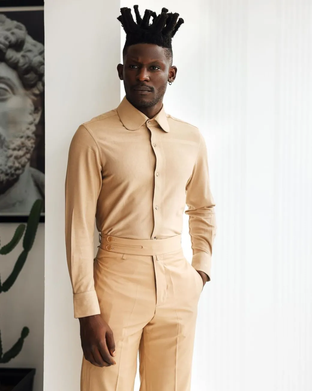 A Light Brown, Club Collar, Elastic Casual Shirt.