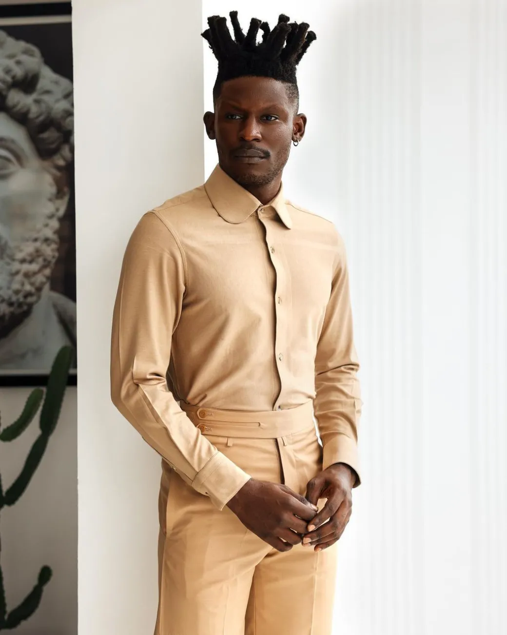 A Light Brown, Club Collar, Elastic Casual Shirt.