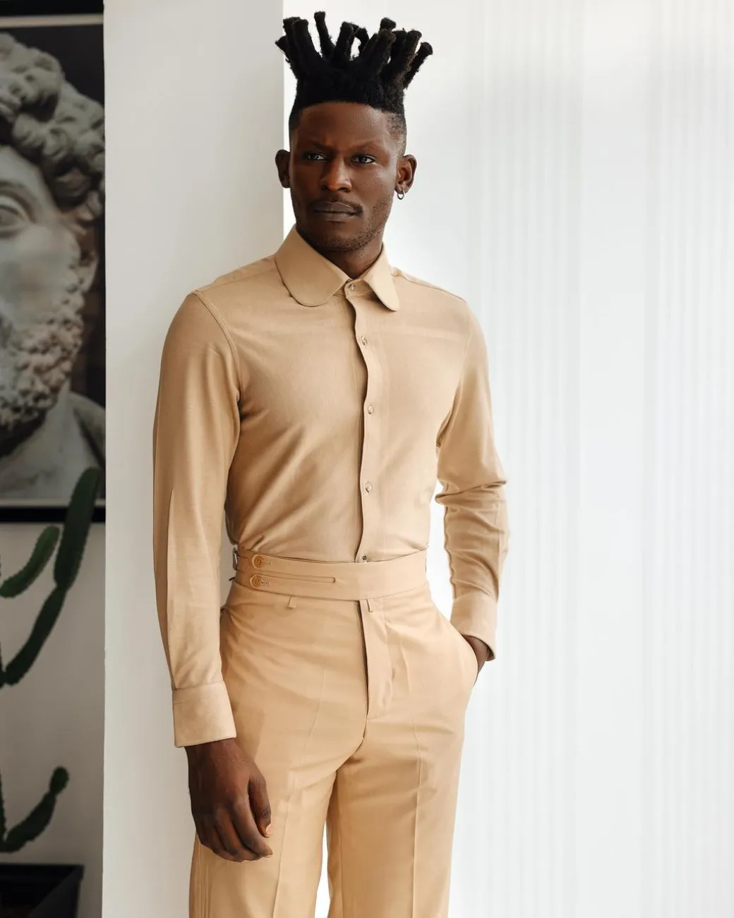 A Light Brown, Club Collar, Elastic Casual Shirt.