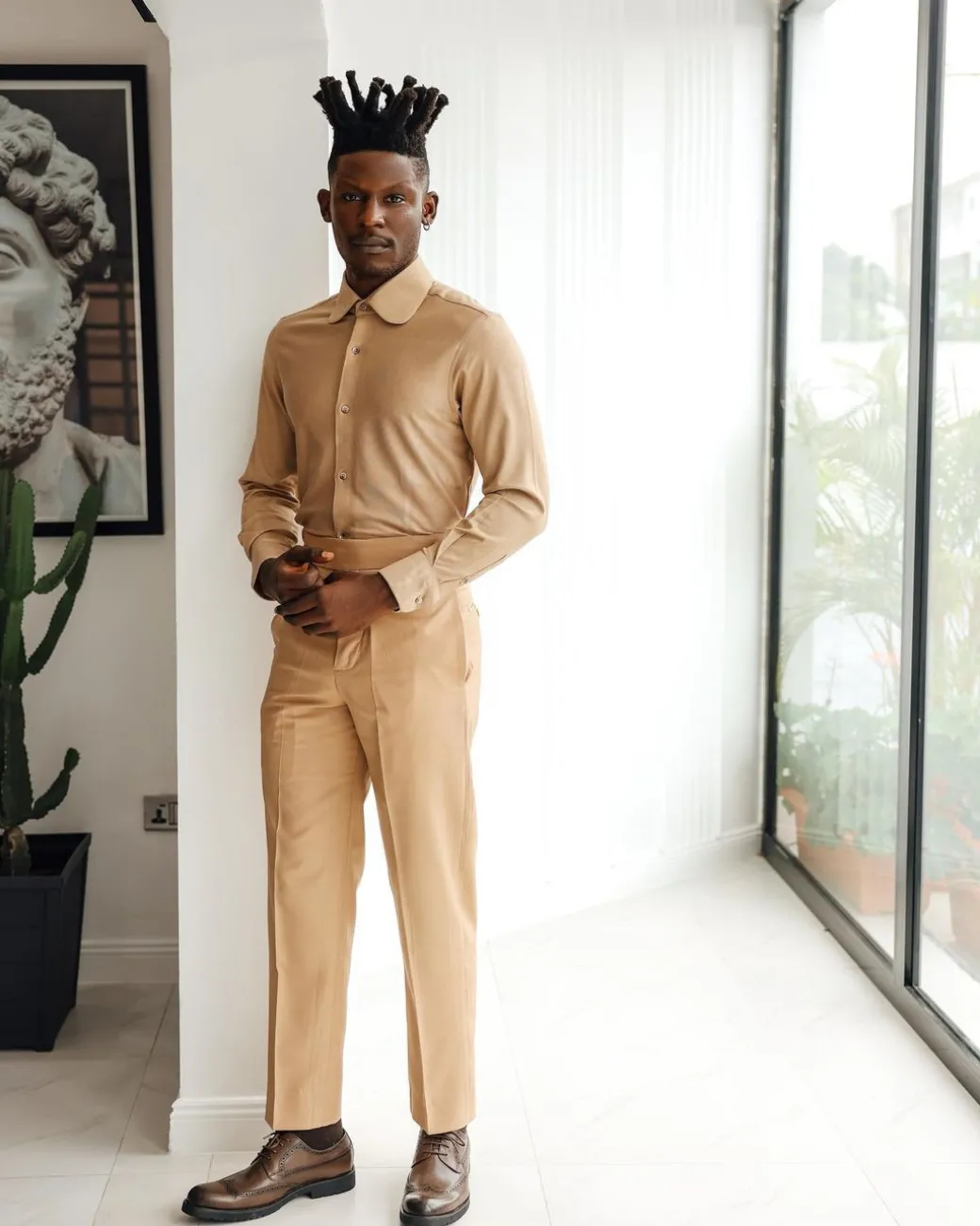 A Light Brown, Club Collar, Elastic Casual Shirt.