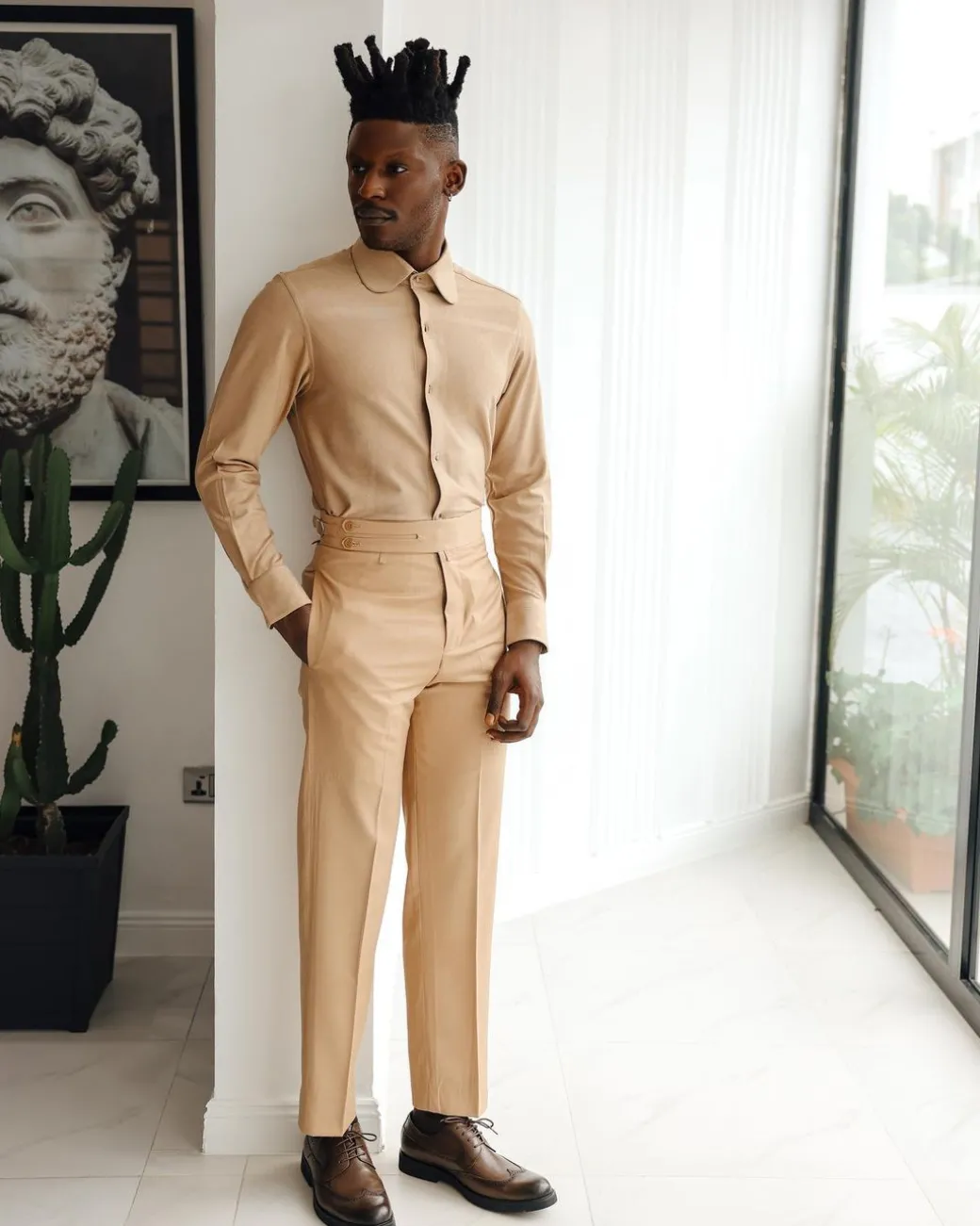 A Light Brown, Club Collar, Elastic Casual Shirt.