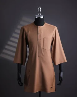 A Light brown, Nobility fabric, front flap, 3/4 sleeve and gold details Swarovski button African senator kaftan native.