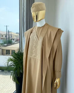 A Light Brown with Zig Zag embroidery design Agbada long sleeve senator kaftan, matching Awolowo style wool hat and sokoto