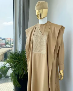 A Light Brown with Zig Zag embroidery design Agbada long sleeve senator kaftan, matching Awolowo style wool hat and sokoto