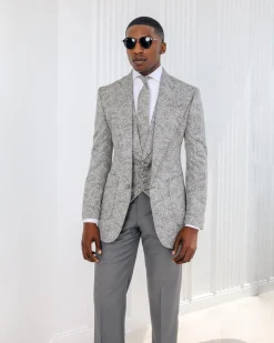 A Light grey & black floral jacquard peak lapel suit.