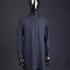 A Light grey and blue stripe Jorgecarli fabric with blue Swarovski button long-sleeve kaftan and Sokoto