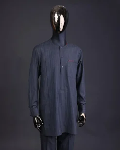 A Light grey and blue stripe Jorgecarli fabric with blue Swarovski button long-sleeve kaftan and Sokoto