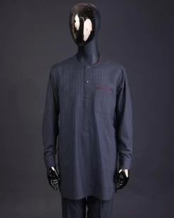 A Light grey and blue stripe Jorgecarli fabric with blue Swarovski button long-sleeve kaftan and Sokoto