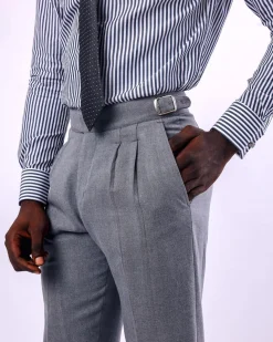 A Light grey, double pleat with side metal adjuster Gurkha pant