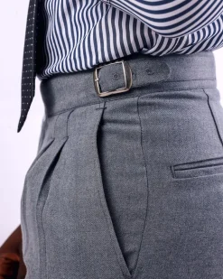 A Light grey, double pleat with side metal adjuster Gurkha pant