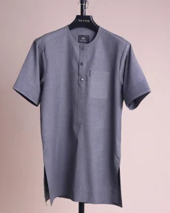 A Light grey, front flap with matching Swarovski button details, short sleeve African senator kaftan native.