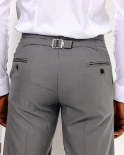 A light grey, Gurkha pant with back and side metal adjuster.