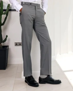 A light grey, Gurkha pant with back and side metal adjuster.