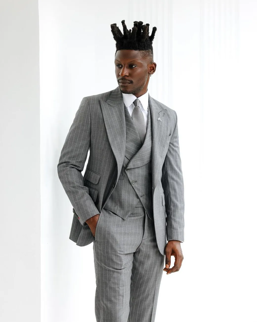 A Light Grey, Ivory Pencil Stripe, Jorgecarli, Knitted, Peak Lapel Suit