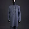 A Light grey, patterned floral embroidery details with black Swarovski stone details, silver button, long sleeve kaftan and Sokoto