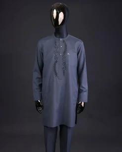 A Light grey, patterned floral embroidery details with black Swarovski stone details, silver button, long sleeve kaftan and Sokoto