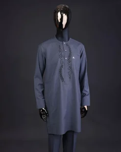 A Light grey, patterned floral embroidery details with black Swarovski stone details, silver button, long sleeve kaftan and Sokoto