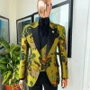 A Light Olive Green, Emerald, Orange, Black Mix Metallic Jacquard, Peak Lapel Tuxedo Suit