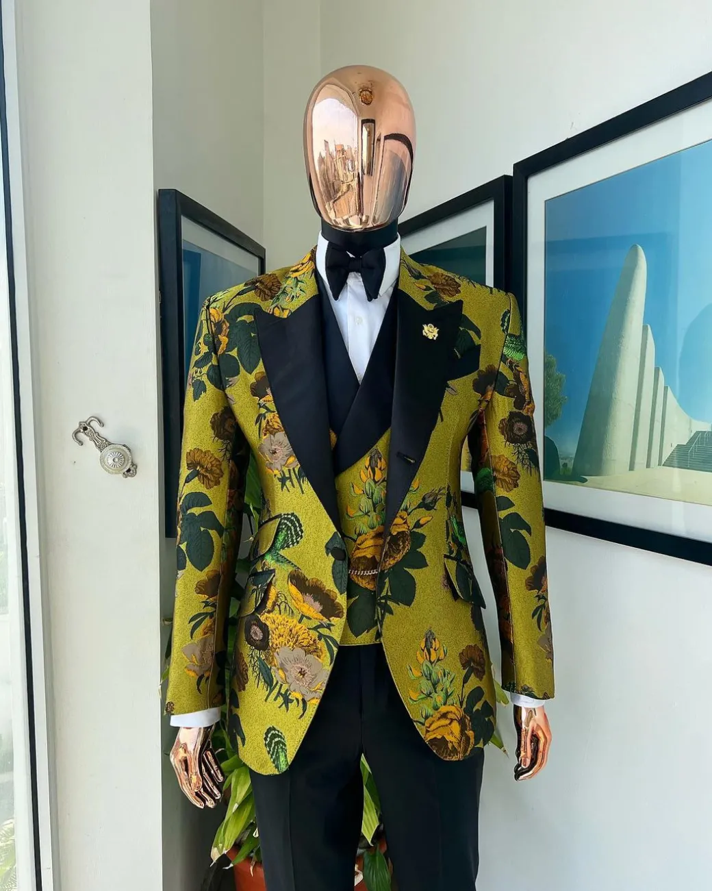 A Light Olive Green, Emerald, Orange, Black Mix Metallic Jacquard, Peak Lapel Tuxedo Suit