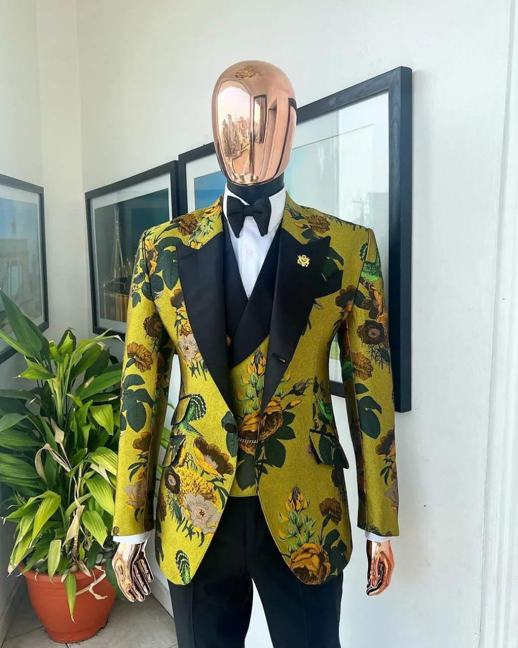 A Light Olive Green, Emerald, Orange, Black Mix Metallic Jacquard, Peak Lapel Tuxedo Suit