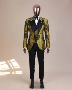 A Light Olive Green, Emerald, Orange, Black Mix Metallic Jacquard, Peak Lapel Tuxedo Suit