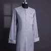 A Light Steel Grey, Super 140s Nobility Curved Combat Pocket with Silver Swarovski Button, Long Sleeve Traditional African Senator Kaftan Native.