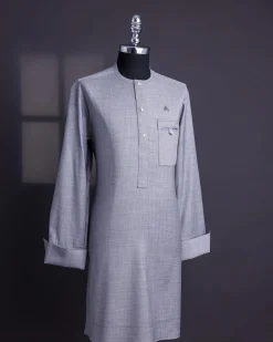 A Light Steel Grey, Super 140s Nobility Curved Combat Pocket with Silver Swarovski Button, Long Sleeve Traditional African Senator Kaftan Native.