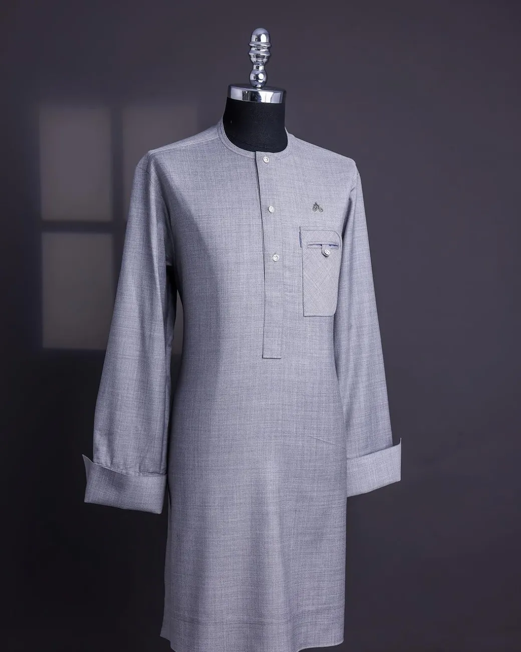 A Light Steel Grey, Super 140s Nobility Curved Combat Pocket with Silver Swarovski Button, Long Sleeve Traditional African Senator Kaftan Native.