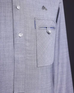 A Light Steel Grey, Super 140s Nobility Curved Combat Pocket with Silver Swarovski Button, Long Sleeve Traditional African Senator Kaftan Native.