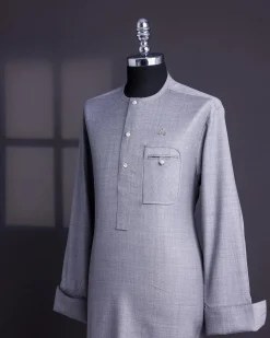 A Light Steel Grey, Super 140s Nobility Curved Combat Pocket with Silver Swarovski Button, Long Sleeve Traditional African Senator Kaftan Native.
