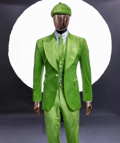 A Lime green “peaky blinders” monochrome velvet, hand knitted peak lapel suit