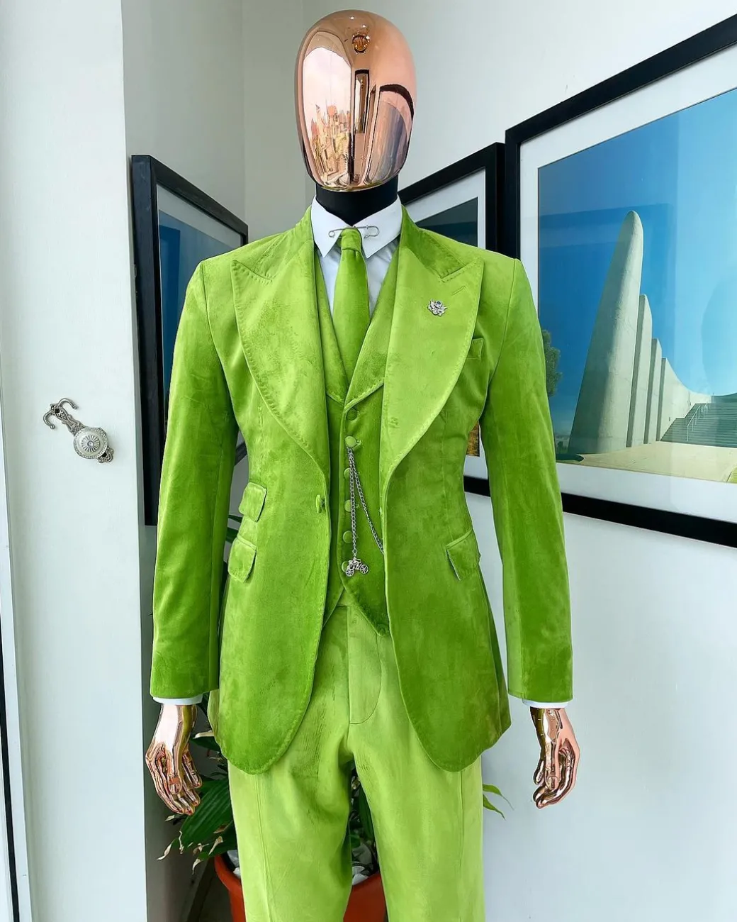 A Lime grey “peaky blinders” monochrome velvet, hand knitted peak lapel suit