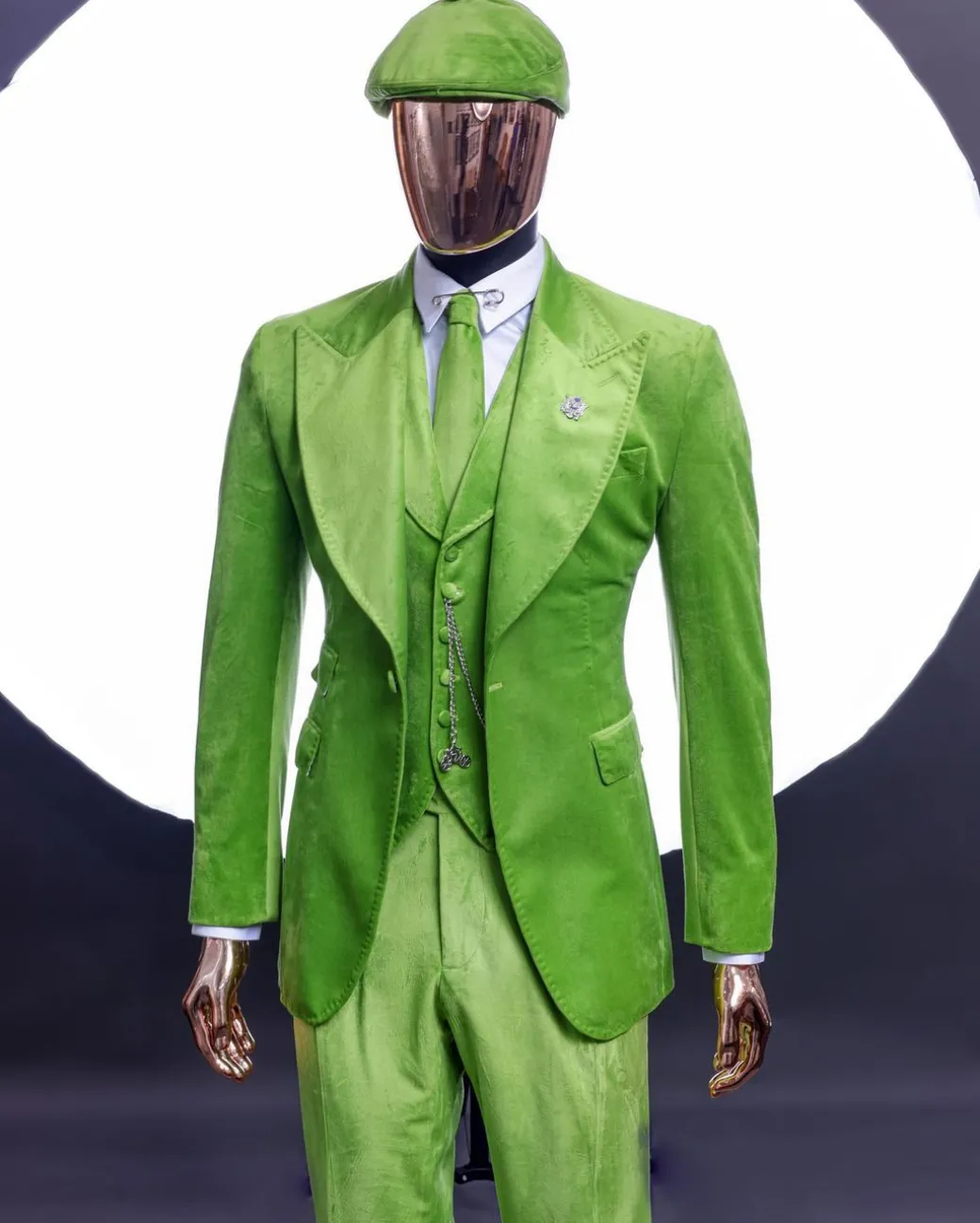 A Lime grey “peaky blinders” monochrome velvet, hand knitted peak lapel suit