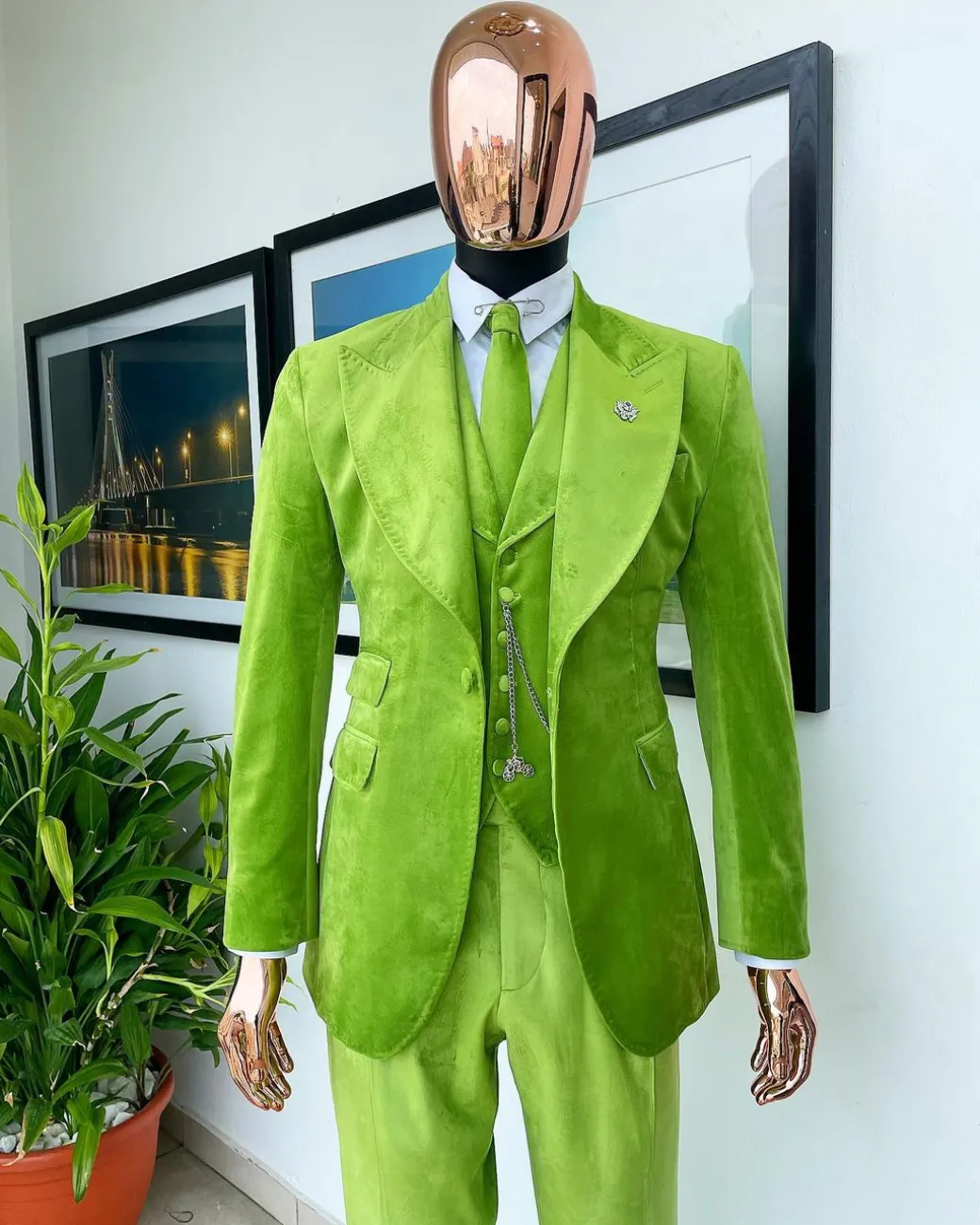 A Lime grey “peaky blinders” monochrome velvet, hand knitted peak lapel suit