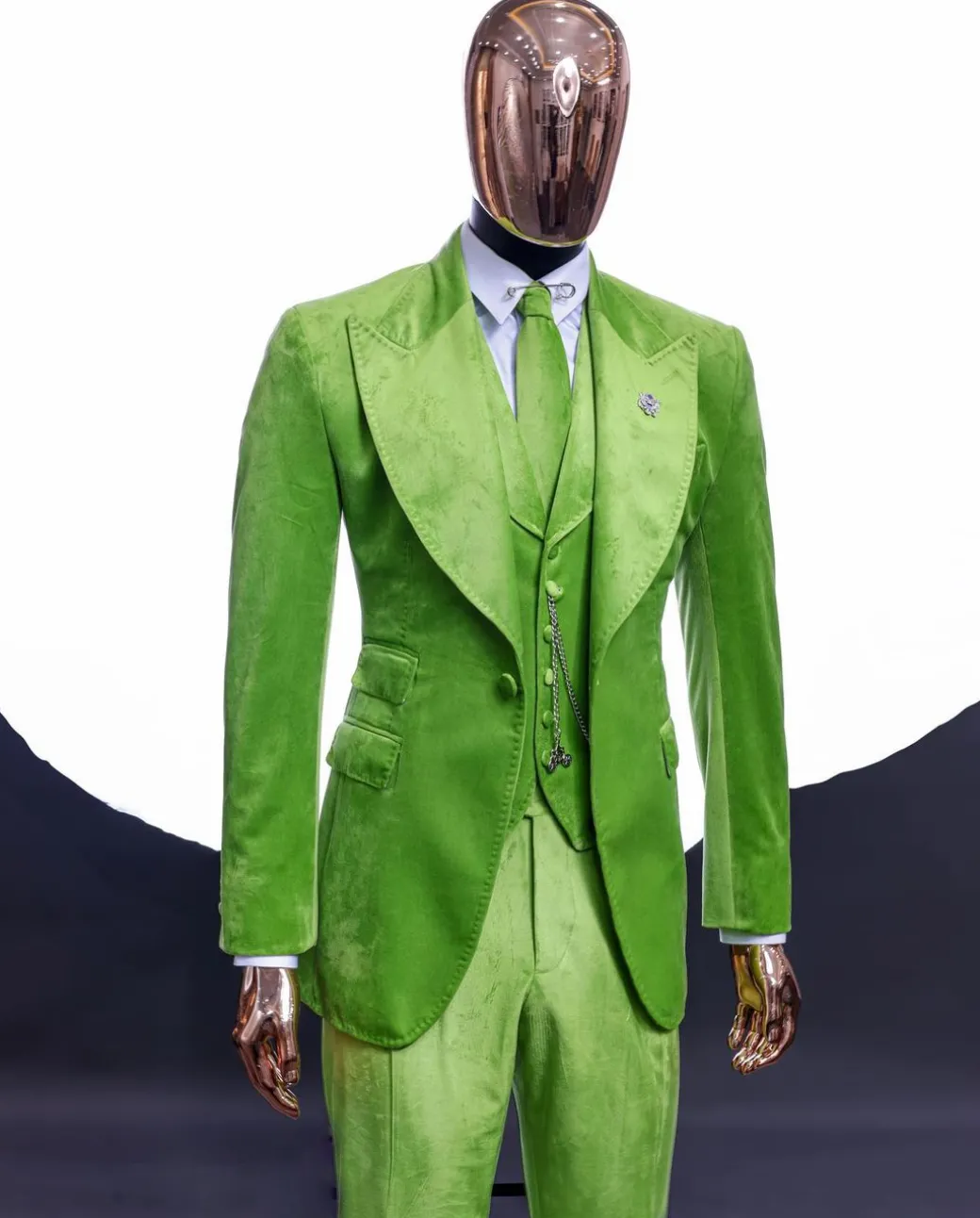 A Lime grey “peaky blinders” monochrome velvet, hand knitted peak lapel suit