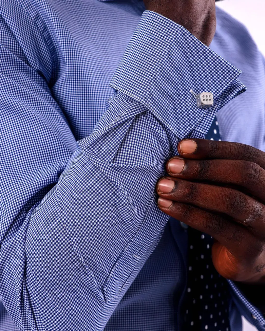 A Linen, Navy blue and white check business shirt.