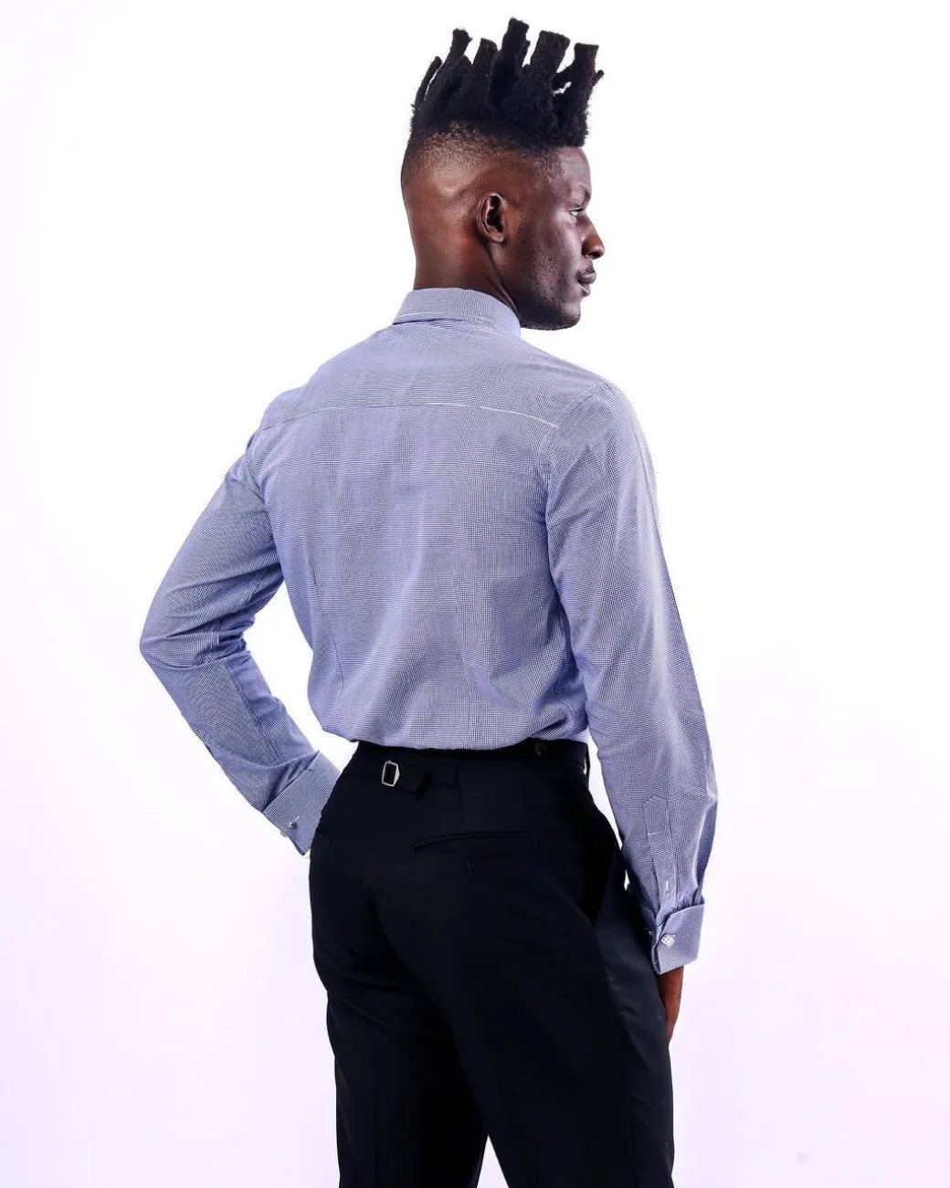 A Linen, Navy blue and white check business shirt.