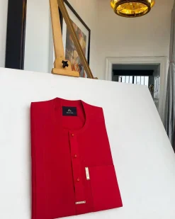 A lipstick red, patch pocket, front flap with clear view lipstick red Swarovski button details African Kaftan