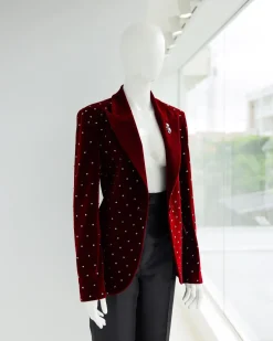 A Lipstick Red, Soaked Velvet Peak Lapel Suit.