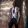 A “Macpherson” Floral Powder Blue and grey front closure Tuxedo Suit