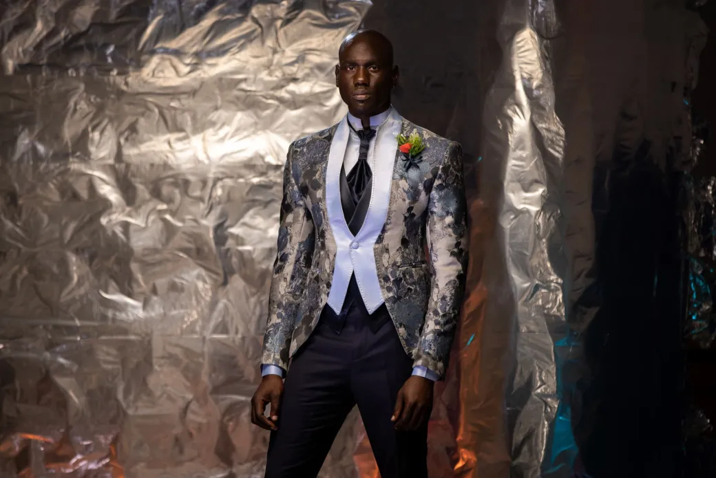 A “Macpherson” Floral Powder Blue and grey front closure Tuxedo Suit