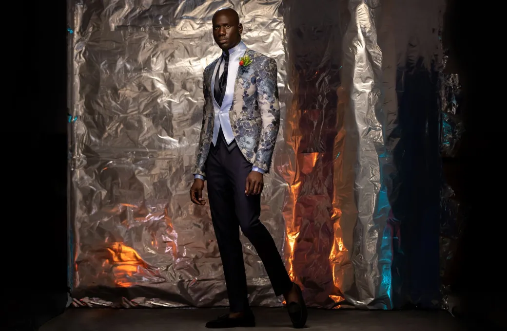 A “Macpherson” Floral Powder Blue and grey front closure Tuxedo Suit