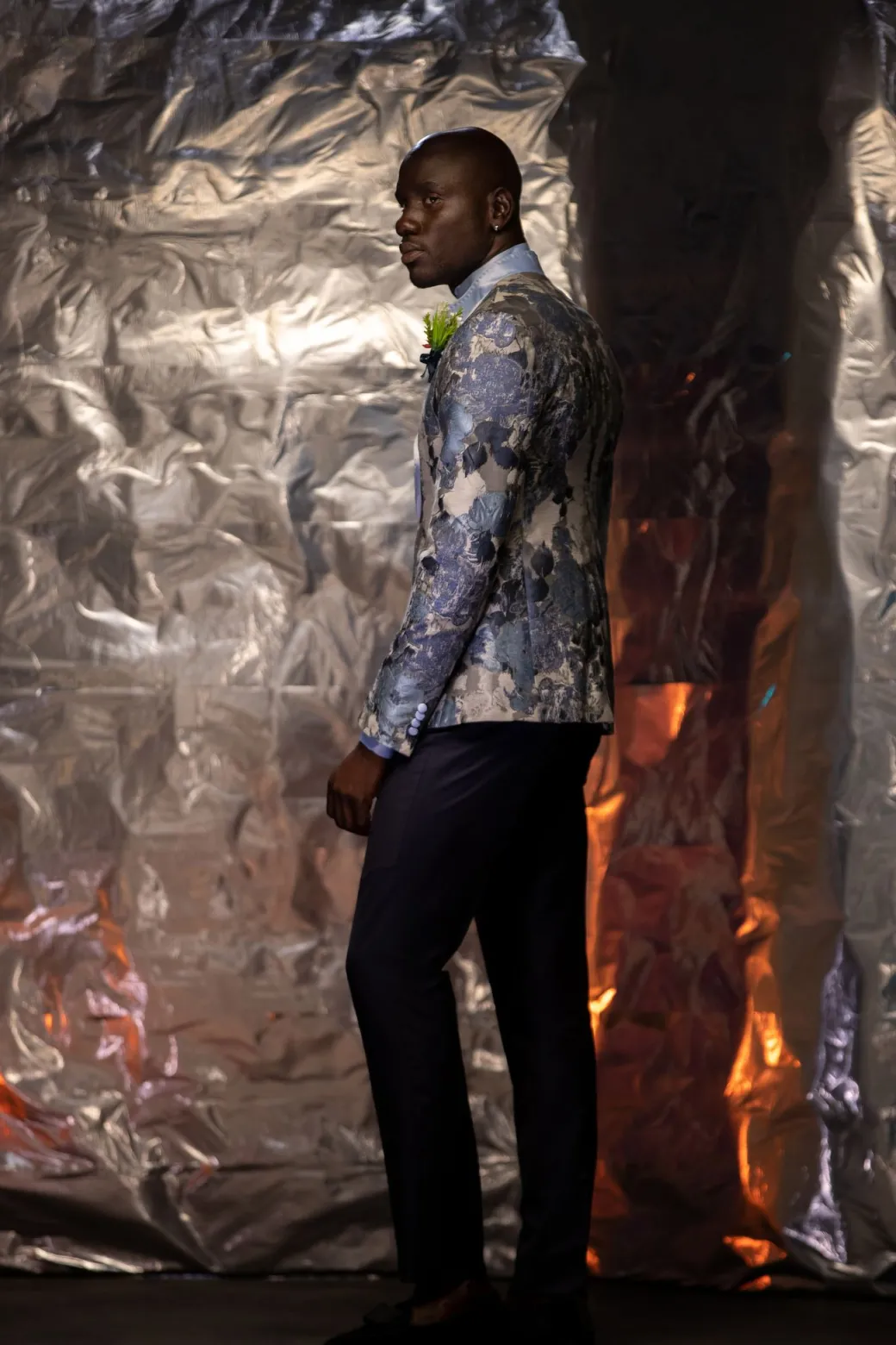 A “Macpherson” Floral Powder Blue and grey front closure Tuxedo Suit